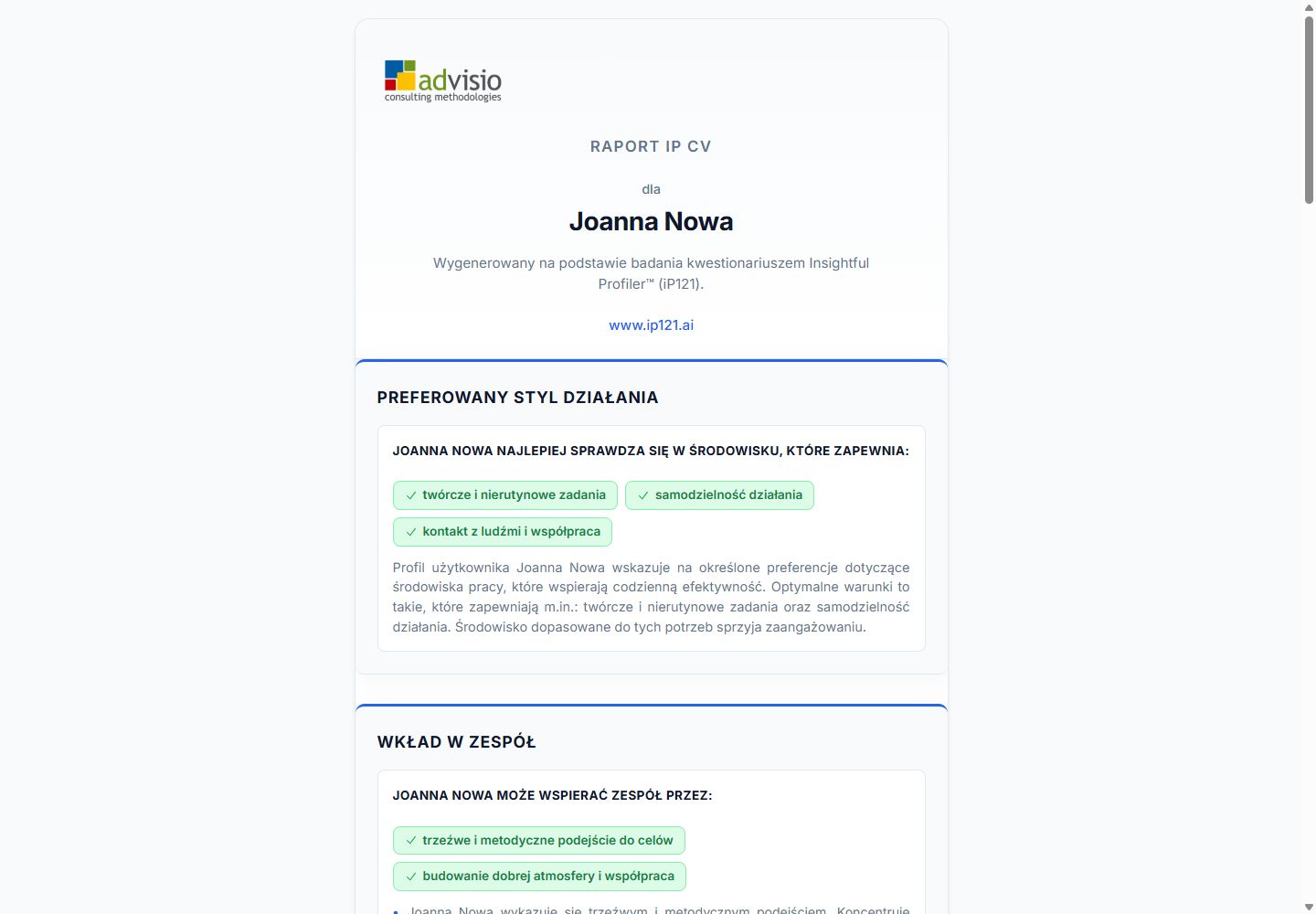 Prawdziwy zrzut ekranu publicznego raportu iP CV dla demonstracyjnego profilu Joanna Nowa